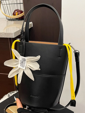Bolso Cubo Minimalista de Cuero PU para Mujer Con Colgante de Flor Grande Cordón en Contraste Bolso de Bandolera Verano