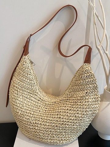 Grand Sac à Épaule Tissé en Paille pour Femmes Vacances à la Plage d'Été Sac Hobo Élégant Minimaliste Fermeture Éclair