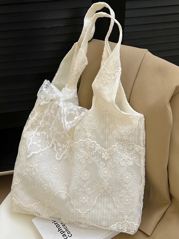 Damen Französischer Vintage Spitze Blumen Tote Bag Große Kapazität Umhängetasche Mit Schleife Dekor Elegante Lady Einkaufstasche