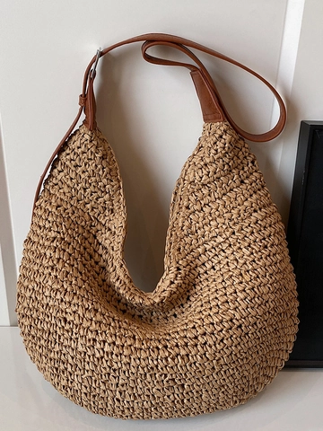 Grand Sac à Épaule Tissé en Paille pour Femmes Vacances à la Plage d'Été Sac Hobo Élégant Minimaliste Fermeture Éclair