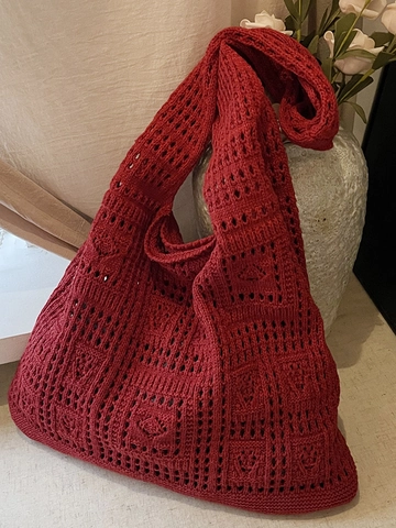 Summer Crochet Woven Tote Bag For Women Hollow Out Knit Beach Shoulder Bag Large Capacity Solid Color Casual Travel Handbag