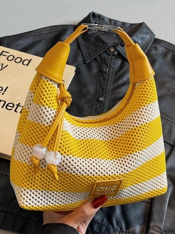 Borsa da Donna Sottobraccio in Maglia a Righe Grande Capacità Borsa a Spalla Hobo Urban Casual Tessuto Traforato per Estate Quotidiana