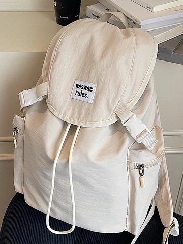 Women Fashion Nylon Backpack Large Capacity Flap Drawstring Student Schoolbag Casual Streetwear Travel Daypack Solid Color