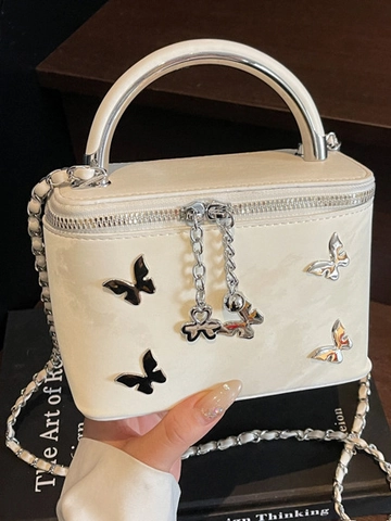 Vlinderdecoratie Box Tas Voor Dames Metalen Handvat Gevlochten Ketting Schouderriem Kleine PU Leren Handtas Voor Dagelijks Feest