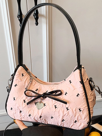 Damen Rosa PU-Leder Achseltasche Gesteppte Buchstabenmuster Kleine Umhängetasche Mit Schleifen-Herzanhänger Mode Handtasche