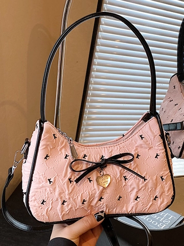 Damen Rosa PU-Leder Achseltasche Gesteppte Buchstabenmuster Kleine Umhängetasche Mit Schleifen-Herzanhänger Mode Handtasche