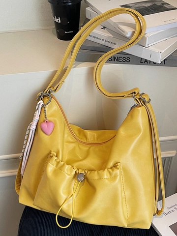 Borsa Hobo da Donna in Pelle PU di Moda Coreana a Grande Capacità Minimalista Urbana Borsa a Spalla a Tracolla Con Ciondolo a Cuore