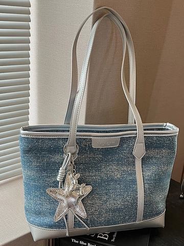 Fashion Women Denim Large Capacity Tote Bag Silver Faux Leather Trim Shoulder Bag With Star Charm Commuter Handbag