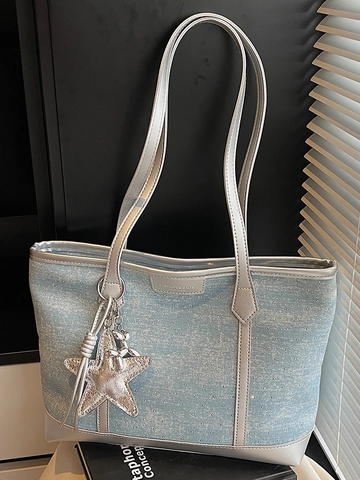 Fashion Women Denim Large Capacity Tote Bag Silver Faux Leather Trim Shoulder Bag With Star Charm Commuter Handbag