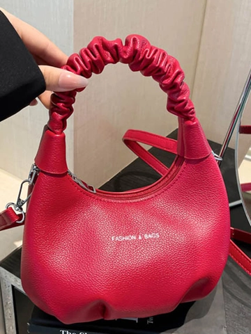 Damen Mode Gefaltete Handtasche PU Leder Hobo Schultertasche Mit Scrunchie Griff Minimalistische Litschi Textur Halbmond Tasche