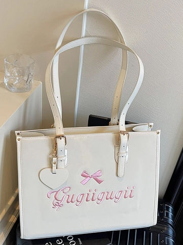Damen Vintage Glänzende PU Leder Tote Tasche Große Kapazität Stickerei Schleife Umhängetasche Mit Herzanhänger Mode Handtasche