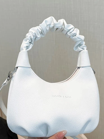 Damen Mode Gefaltete Handtasche PU Leder Hobo Schultertasche Mit Scrunchie Griff Minimalistische Litschi Textur Halbmond Tasche
