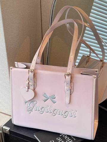 Damen Vintage Glänzende PU Leder Tote Tasche Große Kapazität Stickerei Schleife Umhängetasche Mit Herzanhänger Mode Handtasche