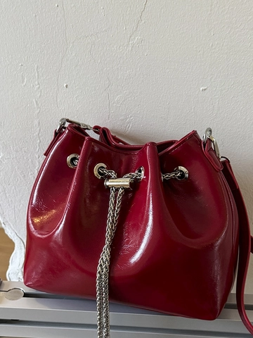 Bolso de Cubo de Cuero PU Brillante para Mujer Moda Cadena Plateada Cordón Bolso de Hombro Versátil Bolso Cruzado Diario