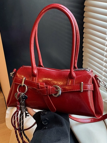 Minimalist PU Leather Boston Shoulder Bag For Women Vintage Stitching Crossbody Bag With Pendant Urban Daily Fashion Handbag