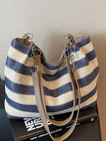 Damen Große Gewebte Stroh Tragetasche Gestreifte Schultertasche Mit Metallkette PU Leder Riemen Casual Urlaub Pendler Handtasche