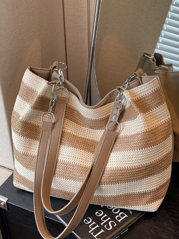 Damen Große Gewebte Stroh Tragetasche Gestreifte Schultertasche Mit Metallkette PU Leder Riemen Casual Urlaub Pendler Handtasche