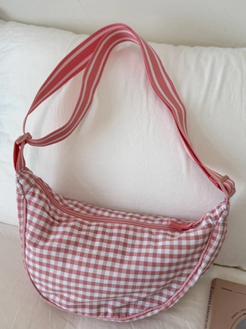 Women Gingham Crescent Shoulder Bag Casual Nylon Checkered Crossbody Dumpling Bag With Adjustable Wide Striped Strap