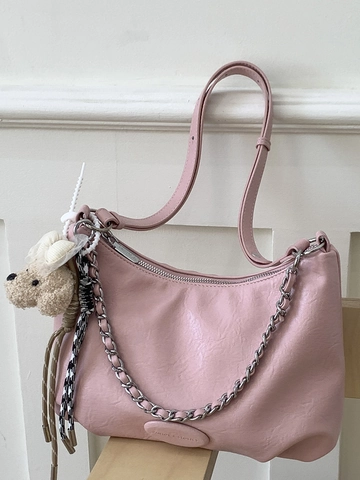 Simple Women PU Leather Shoulder Bag Large Capacity Casual Hobo Bag With Silver Chain And Plush Bear Charm For Daily Commute