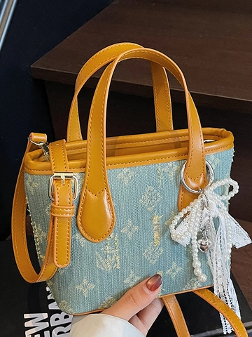 Niche Korean Style Canvas Bucket Bag Monogram Print Women Shoulder Crossbody Bag Retro Denim Handbag With Pearl Lace Bow