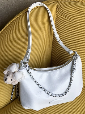 Simple Women PU Leather Shoulder Bag Large Capacity Casual Hobo Bag With Silver Chain And Plush Bear Charm For Daily Commute