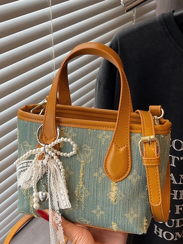 Niche Korean Style Canvas Bucket Bag Monogram Print Women Shoulder Crossbody Bag Retro Denim Handbag With Pearl Lace Bow