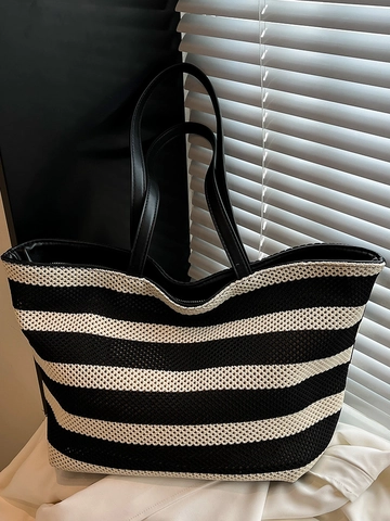 Bolso Tote de Mujer de Verano de Gran Capacidad a Rayas Blancas y Negras Bolso de Hombro Casual con Asa de Cuero Sintético