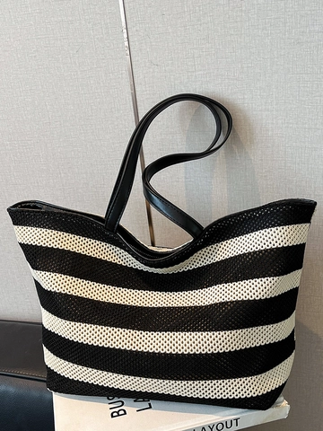 Bolso Tote de Mujer de Verano de Gran Capacidad a Rayas Blancas y Negras Bolso de Hombro Casual con Asa de Cuero Sintético
