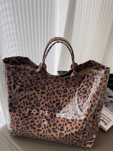 Borsa Tote da Donna in PVC con Stampa Leopardata Borsa a Spalla Casual di Grande Capacità con Dettaglio Lettere Minimalista Urbano