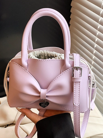 Bolso de Mano de Cuero PU con Lazo de Moda Para Mujer Elegante Color Sólido Con Colgante de Corazón Bolso de Hombro Cruzado