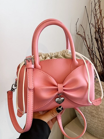 Bolso de Mano de Cuero PU con Lazo de Moda Para Mujer Elegante Color Sólido Con Colgante de Corazón Bolso de Hombro Cruzado