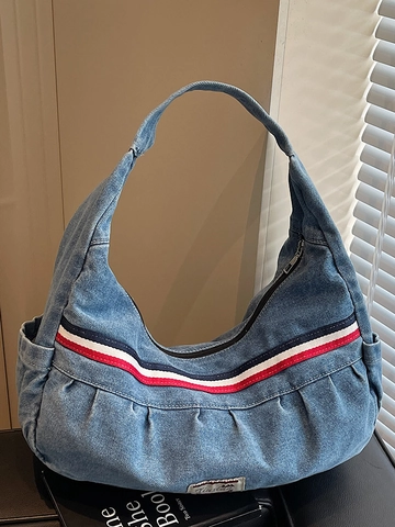 Borsa Hobo in Denim da Donna Grande Capacità Borsa a Tracolla Casual Con Fettuccia a Contrasto Design Pieghettato Moda Borsa a Mano