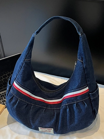 Borsa Hobo in Denim da Donna Grande Capacità Borsa a Tracolla Casual Con Fettuccia a Contrasto Design Pieghettato Moda Borsa a Mano