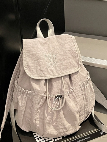Women Korean Fashion Nylon Drawstring Backpack Large Capacity Streetwear School Bag Lightweight Flap Travel Rucksack With Embroidery