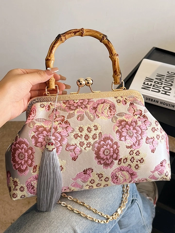 Vintage Chinesische Stickerei Handtasche Bambus Griff Metall Kuss Schloss Blumen Brokat Schultertasche Für Hochzeit Party Damen