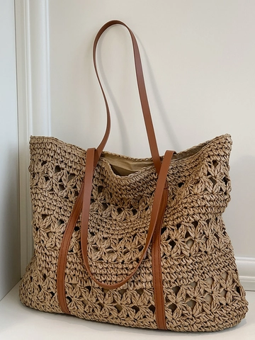Borsa Tote in Paglia Intrecciata con Fiori Intagliati per Donna Grande Capacità Spiaggia Estiva Borsa a Spalla Bohemian Uncinetto Viaggio
