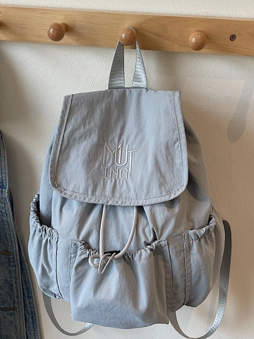 Women Korean Fashion Nylon Drawstring Backpack Large Capacity Streetwear School Bag Lightweight Flap Travel Rucksack With Embroidery