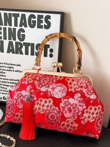 Vintage Chinesische Stickerei Handtasche Bambus Griff Metall Kuss Schloss Blumen Brokat Schultertasche Für Hochzeit Party Damen