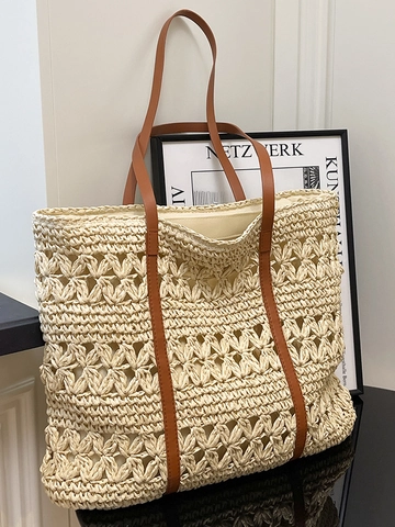 Borsa Tote in Paglia Intrecciata con Fiori Intagliati per Donna Grande Capacità Spiaggia Estiva Borsa a Spalla Bohemian Uncinetto Viaggio
