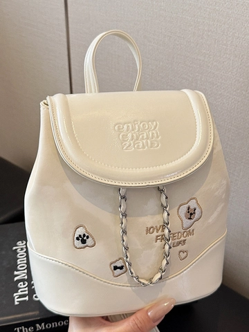 Mochila Mini de Moda para Mujer Denim Patchwork Dulce Lindo Bordado de Oso Cadena Mochila de Viaje Compras Bolso Pequeño
