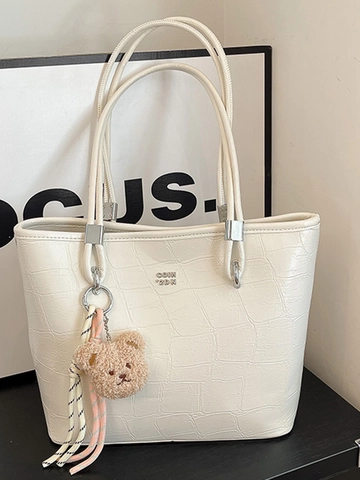 Women Crocodile Embossed PU Leather Tote Bag Large Capacity Fashion Shoulder Bag With Plush Bear Charm Scarf Decorative Top Handle Bag
