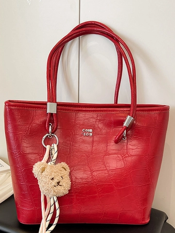 Women Crocodile Embossed PU Leather Tote Bag Large Capacity Fashion Shoulder Bag With Plush Bear Charm Scarf Decorative Top Handle Bag