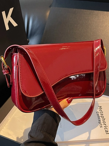 Bolso de Axila de Charol para Mujer Minimalista Hebilla Magnética con Solapa Bolso de Hombro Herrajes Dorados Moda de Oficina
