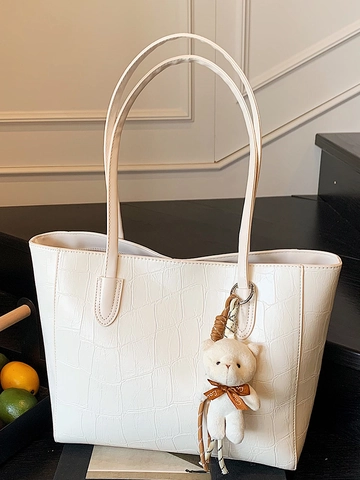 Borsa Tote in Pelle PU con Motivo a Coccodrillo Grande Capacità Donna Borsa a Spalla Per Lavoro Con Ciondolo Orso
