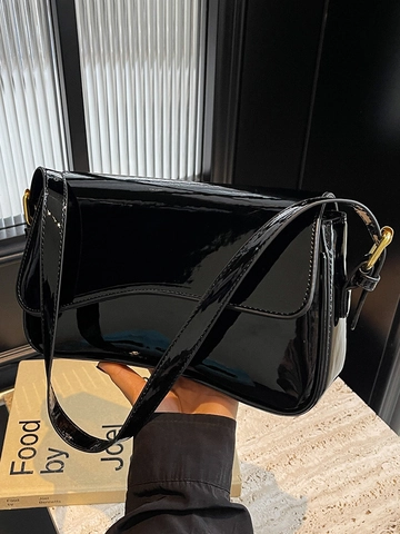 Bolso de Axila de Charol para Mujer Minimalista Hebilla Magnética con Solapa Bolso de Hombro Herrajes Dorados Moda de Oficina