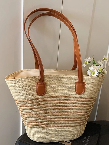 Französischer Stil Stroh Gewebt Tragetasche Für Damen Große Kapazität Gestreift Umhängetasche Minimalistisch Strand Urlaub Sommer Handtasche