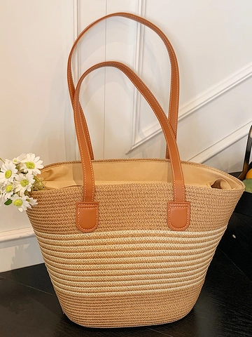 Französischer Stil Stroh Gewebt Tragetasche Für Damen Große Kapazität Gestreift Umhängetasche Minimalistisch Strand Urlaub Sommer Handtasche