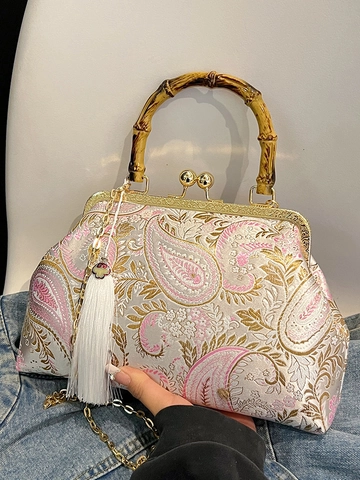Borsa a Mano in Raso Jacquard Nuovo Stile Cinese Con Manico in Bambù Vintage Paisley Ricamato Chiusura a Scatto Elegante Borsa a Tracolla Festa Con Nappina Catena Donna