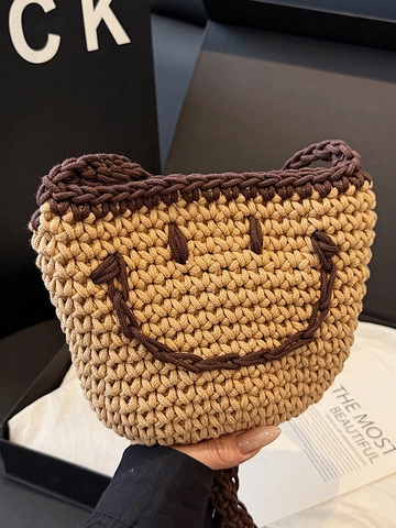 Borsa a Secchiello con Faccina Sorridente all'Uncinetto Fatta a Mano Stile Giapponese Kawaii Maglia Tracolla Piccola per Vacanze Mare Donna