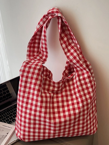 Vintage Karierte Canvas Tote Bag Für Damen Große Kapazität Japanische Gingham Schultertasche Retro Pendler Handtasche Studenten Buch Tasche